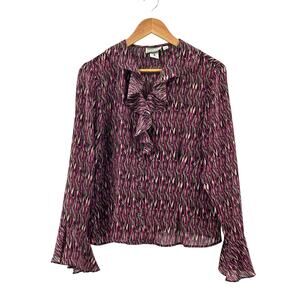 Vintage Mary Kay Chiffon Colorful Pink Abstract Ruffle Blouse Womens‎ 12P